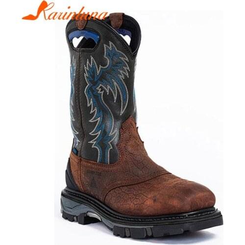 KARINLUNA Brand New Male Western Boots Fashion Retro Embroider Slip-On Chunky Heels mens Ankle Boots Casual Comfy Shoes Man