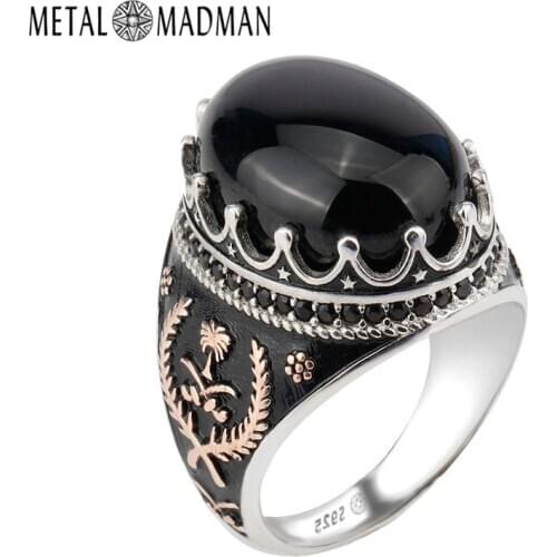 925 Sterling Silver Ring Crown Bezel Setting Oval Black Agate Stone with Rose Gold Grass for Men Party Fine Jewelry