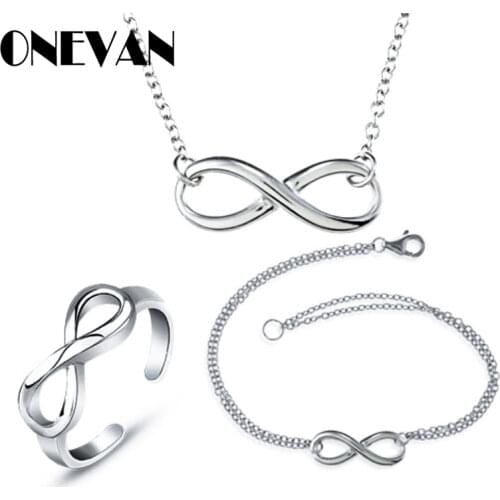 New Fashion Women Silver Infinity Ring +Bracelet+Necklace Set Endless Love Symbol Jewelry Set Charms Banquet Party Accessories