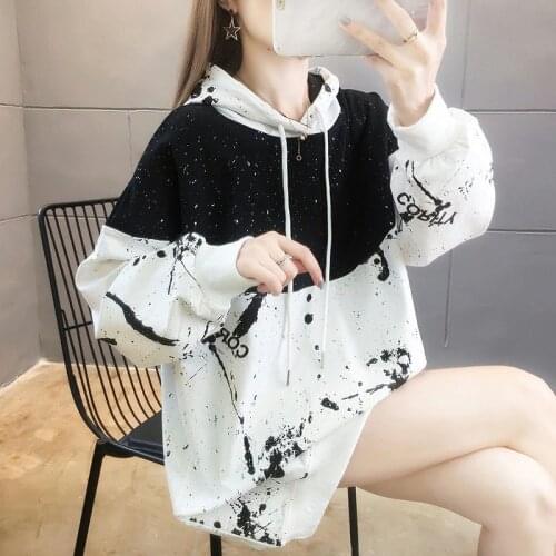 2021 Autumn And Winter New Trendy Large Size Plump Girls Slimming Drawstring Mid-Length Color Matching Sequins Thin Women Hoodie