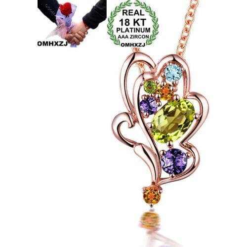 OMHXZJ Wholesale European Fashion Woman Girl Party Wedding Gift Leaf Colorful Zircon 18KT Rose Gold Necklace Pendant Charm CA196