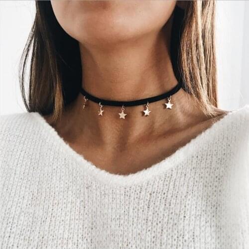 Choker Necklace Black color Pu Belt with Stars pendant gold color plated Extended Chain for Women Accessory