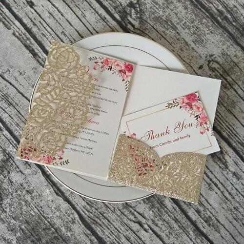 50X Champagne Flower Personalized Print Wedding Cards Laser Cut Invitations for Bridal Shower Engagement Anniversary Party