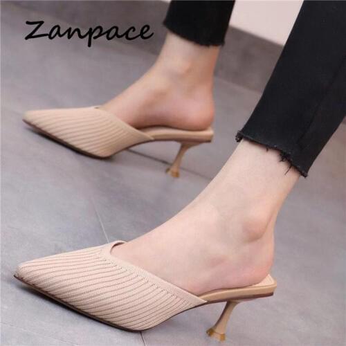 Zanpace Knit Women Slippers 6.5cm High Heels Shoes Woman Sexy Outdoor Party Slides Summer Pointed Top Woman Sandals Flip Flops