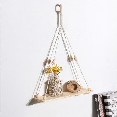 Woven Basket Wall Decor Macrame Plant Hanger Wooden Shelf Hand Made Wall Hanging Flower Rack Tassel Tapestry Bohe Home Garden