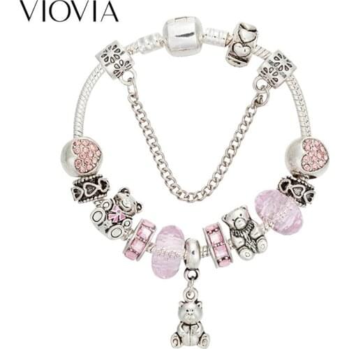 VIOVIA 2019 New Cute Pink Charms Bracelet & Bangles Catena Bear Pendant Bracelet for Women Diy Girl Jewelry Fit Party B18020