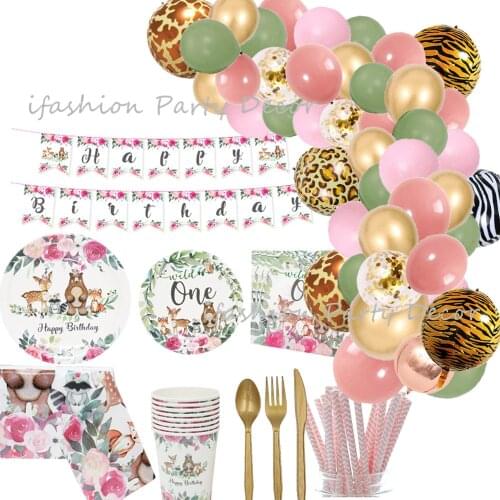 1st Birthday Balloons Party Tableware Decorations Baby Shower Wedding Decor Jungle Forest Party Woodland Wild One Party Supplies