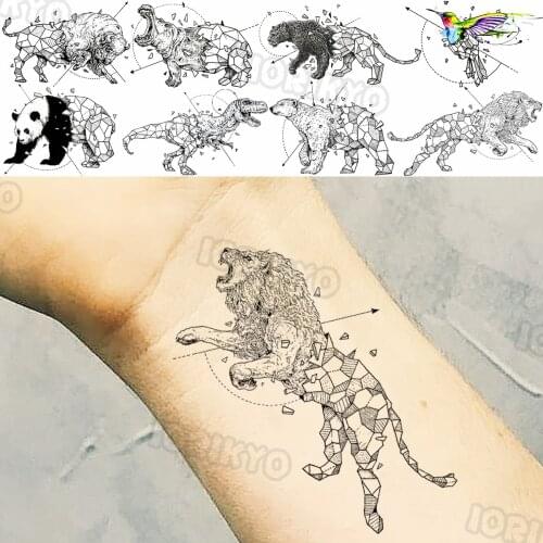 Geometric Lion Temporary Tattoos For Women Girls Realistic Panda Hummingbird Dinosaur Fake Tattoo Sticker Arm Body Tatoos DIY