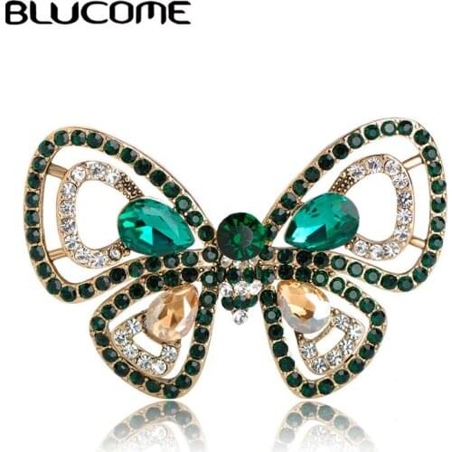 Blucome Vintage Style Blue Butterfly Brooches Full Crystals Gold Color Corsage Pins For Women Lady Party Hat Clothes Accessories
