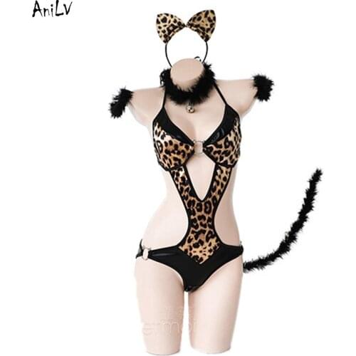 AniLV Women Leopard One-piece Swimsuit Uniform Costume Sexy Girl Bodysuit Swimwear Underwear Pajamas Cosplay Furry Tail