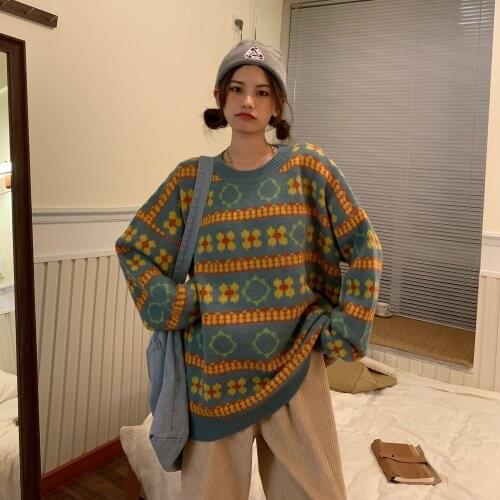 Harajuku Floral Loose Long Sleeve Sweater For Women Autumn Winter Streetwear Chic O Neck Pull Overs Knitting Jumpers Lady