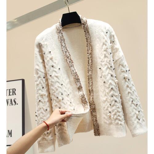 Handmade pearls beading cardigan women knitted loose lazy sweater elegant v-neck thick sweaters 2019 autumn and winter new