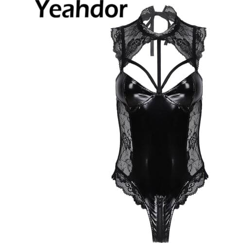 Women Erotic Lingerie Sexy Lace-up Halter Patent Leather Bodysuit Lace Splice Jumpsuit One-piece Sleepwear Nightwear Roleplay
