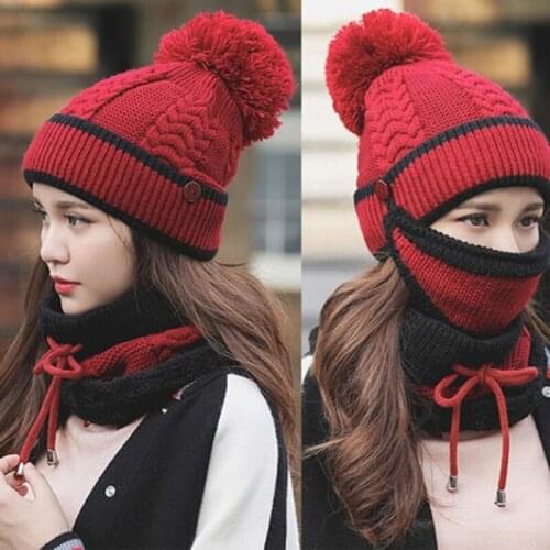 2020 Hat winter womens Mask Hat For Girls Scarf Thick Warm Fleece Inside Knitted Hat Scarf Set 3pcs Winter Riding Fashion Hats