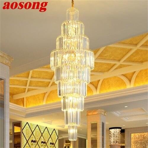 AOSONG Gold Chandelier Fixtures Modern Luxury Crystal Pendant Lamp Light Home LED for Stairs Hall Decoration