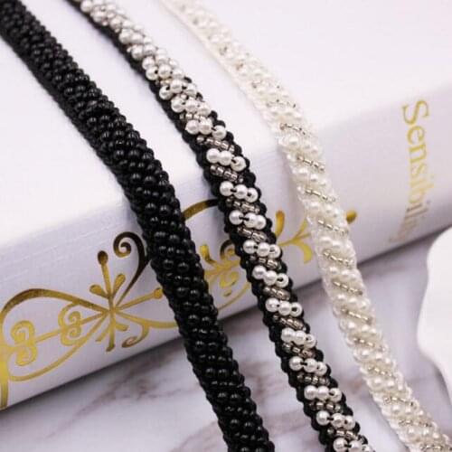 10yards/lot 1cm White Black Pearl Beaded Lace Trim Clothing Collar Accessories DIY Handmade Braided Beading Lace Ribbon Fabric