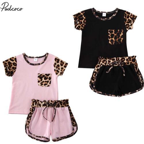 2PCS/set Baby Summer Clothes Toddler Kid Baby Girl Short Sleeve Leopard Tops Shirt Short Pants Outfit Clothes Set 1-6Y