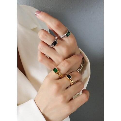 2021 New Arrival Marka 18 K Gold Silver Green Black Zircon Chain Open Rings Woman Fashion 316 L Stainless Steel Jewelry A170
