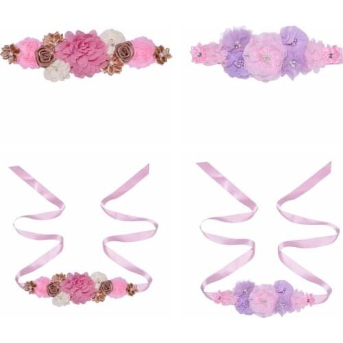Boutique Pearls Polygonal Flowers Women Sash Adjustable Maternity Waistband Party Dress Belts Photography Props 2 Colors