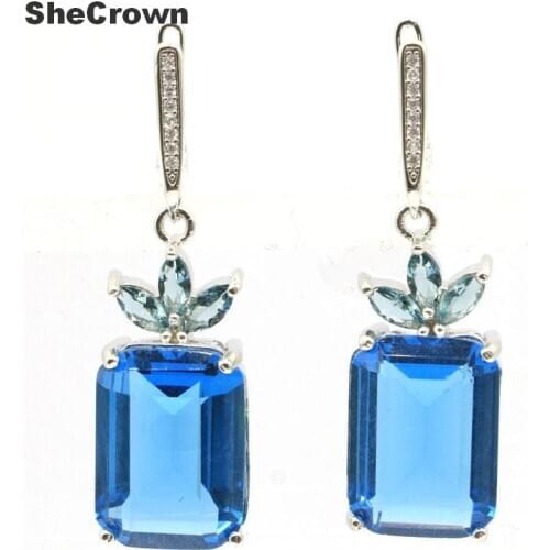 44x13mm Elegant Rectangle 18x13mm Created London Blue Topaz Natural CZ Gift For Sister Silver Earrings Pendant
