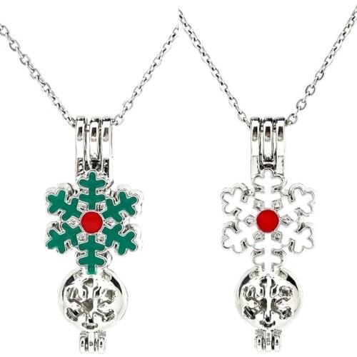 Enamel Christmas Winter Snowflake Beads Cage Locket Pendant Perfume Diffuser Pearl Cage Necklace