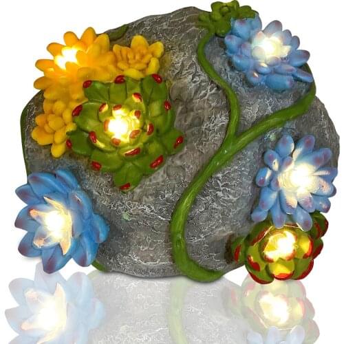 Nacome Solar Garden Ornament Stone Statue Rock with Succulent Decor 7 LED Lights Outdoor Lawn Decal For Home Yard