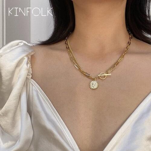KINFOLK Portrait Coin Pendant Color Chain Necklace For Women Choker Choker Round Necklaces Chains Jewelry 2020 Accessories