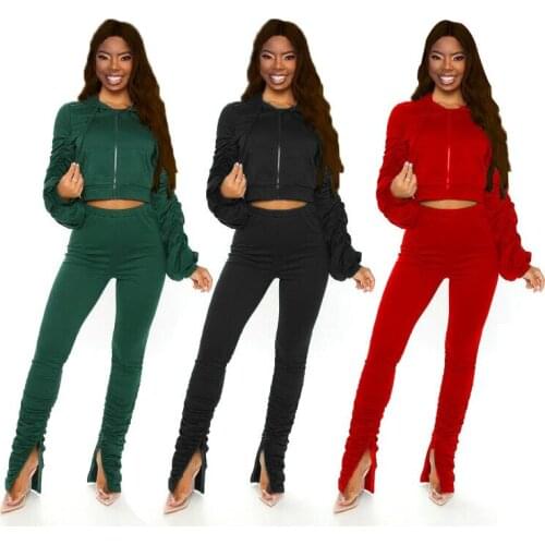 Echoine Women Stacked Sweatsuit Set Hooded Track Jacket Ruched Slit Flare Pants Active Tracksuit Two Piece Set Fitness Outfits