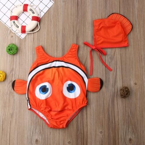 Baby Girl Swimsuit 2Pcs Goldfish Swimwear Boys Swimmable Kids Beach Bikini Girls Print Sweet Costume+Swimming Hat Bathing Suit