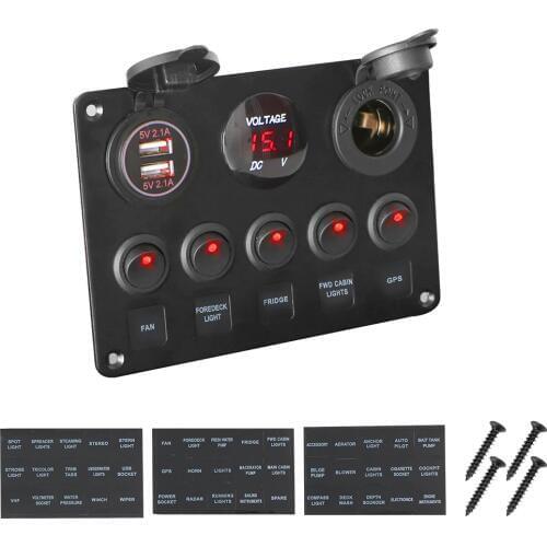 LEEPEE Car Marine LED Rocker Switch Panel Waterproof Digital Voltmeter Dual USB Port 12V Outlet Combination