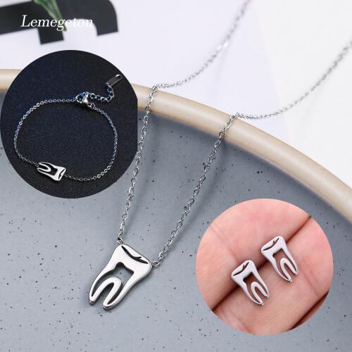 Lemegeton Tooth Small Necklace Earrings Bracelet Stainless Steel Set Medical Doctors Nurse Dentist Kids Jewelry bijoux