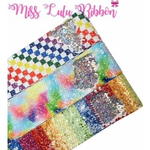 3"75mm Rainbow Check Stripes Galaxy Printed Double Reversible Hologram Silver Sequin Ribbon Hair Band Making 46yards