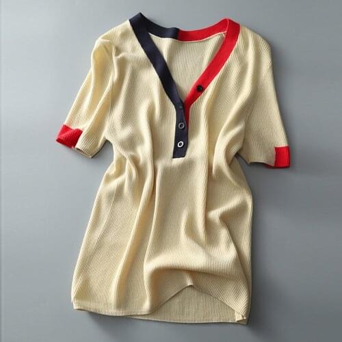 LJSXLS Lce Silk Women Knitted Sweaters Summer Pullover V-Neck Slim Button Korean Casual Jumpers Female Short Sleeve Tops 2021