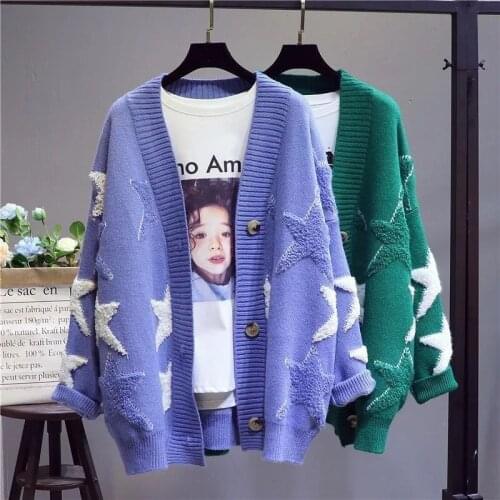 2021 new retro jacquard cardigan sweater jacket female spring loose jacket lazy style thick knitted cardigan trend ins hot sale