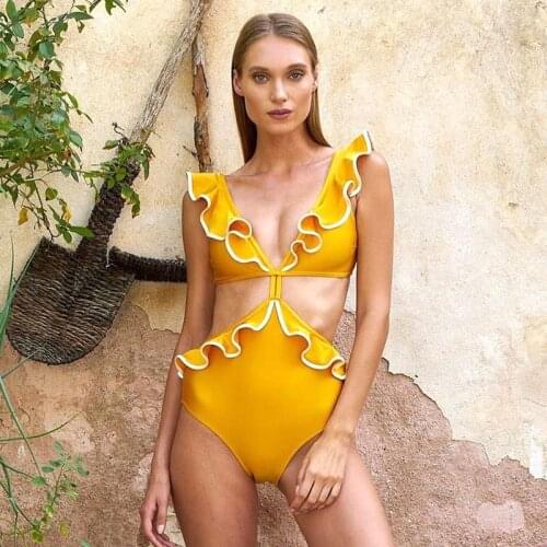New Yellow Lace One Piece Sexy Swimsuit Womens Solid Lace One Piece Big Lace Waist Hollow Sexy Swimsuit One Piece Swimsuit
