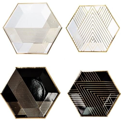 Disposable Tableware 8pcs/1 Pack Hexagonal Paper Tray Hot Stamping Paper Cup Birthday Party Decorations Kids Wedding Decoration