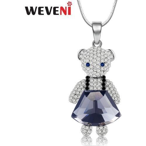 WEVENI Opal Rhinestone Lovely Dress Bear Necklace Pendant Chain Choker Crystal Alloy Jewelry For Women Girls Teens Novelty Gift