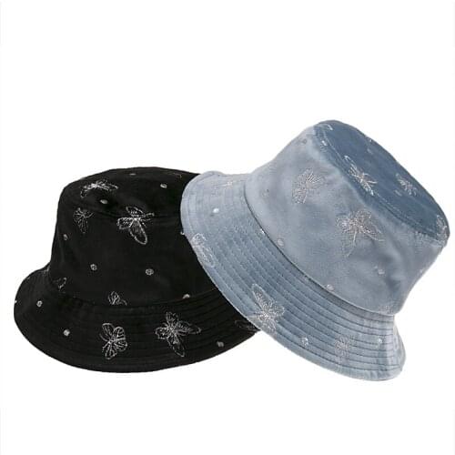 New Fashion Panama Cap Fisherman Hat Butterfly Embroidery Velvet Bucket Hat Women Winter Bob chapeau Femme gorros mujer invierno