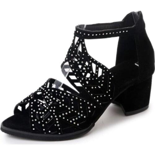 2019 Summer Sandals Women Square Heel Fish Mouth Openwork Sandals Crystal Decoration Back Zipper Sandals Women Shoes 35-41