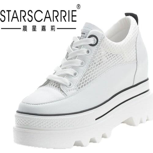 Inside high white shoes female 2021 spring and summer Korean thick bottom muffin net shoes versatile student shoes lace up