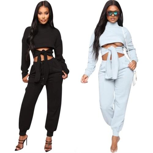 Women 2 Piece Set Autumn Winter Solid Color Long Sleeve Lace-up Crop Top High Waist Pants Sport Jogging Matching Set Tracksuit