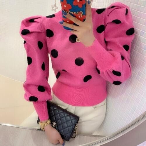 2020 Spring New Fashion Women Hit Color Polka Dot Pullovers Korean Puff Sleeve Casual O Neck Short Sweaters