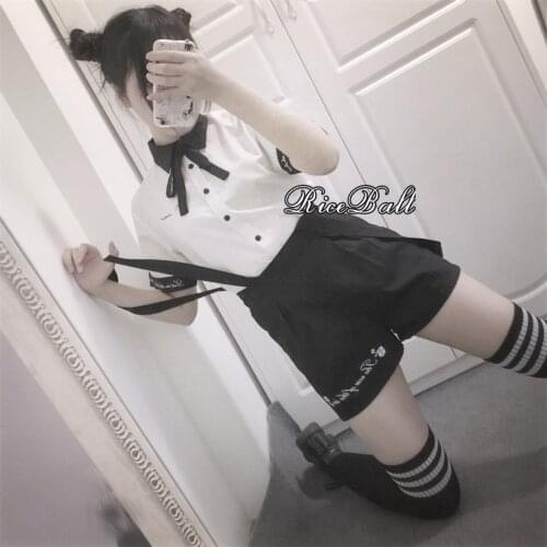 "Lost in Forest" Rose Embroidery Cute Summer Womens Set: White Short Sleeve Blouse Shirt + Jumper Shorts / Suspender Mini Skirt