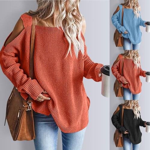 Womens Sweater Cold Shoulder Oversized Sweaters Batwing Long-Sleeve Winter Tunic Tops 2021 Korean Fashion кофта женская