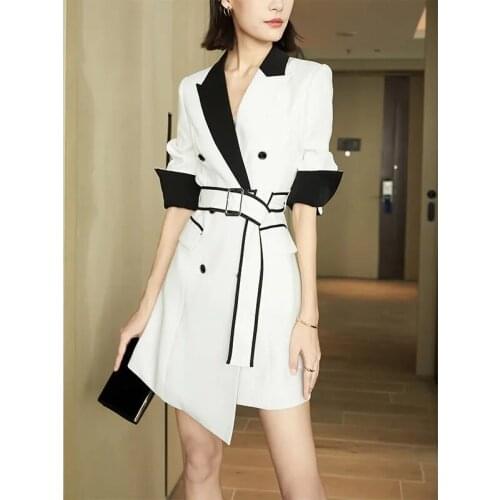 Counter Quality Design Sense Suit Dress Female Autumn 2021 Mid-Length Contrast Color Double-Breasted Suit To Commute Buttons D38