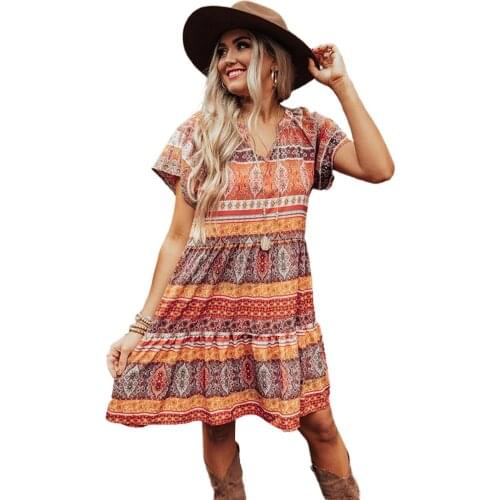 Beige/Orange Color Block Bohemian Print Short Sleeve Mini Beach Dress for Women