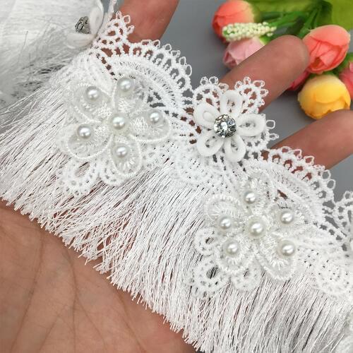 10x White Cotton Tassel Lace Trim Diamond Flower Embroidered Ribbon Wedding Fabric Sewing Craft Dress DIY Accessories 70mm