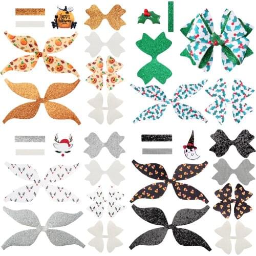 Faux Leather Hair Bows DIY Making Kit with Pre Cut Printed Glitter Pieces Material Pack without Clips Halloween,1Yc20359