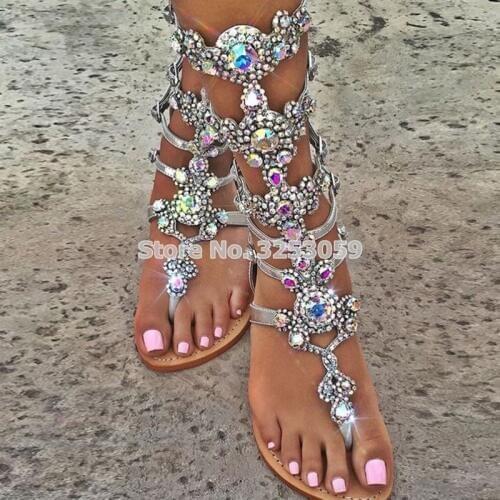 Bohemian Lady Flat Sandals Bling Bling Multi-color Crystal Clip Toe Shoes String Beaded Criss Cross Cage Sandal Boots Size 34-45