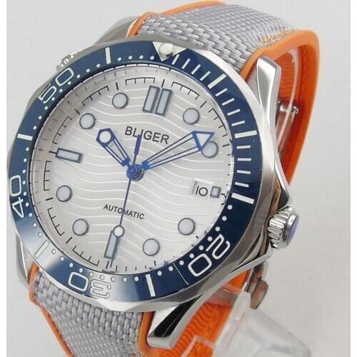 BLIGER Mechanical Men Watch Sapphire Crystal 24 Jewels NH35 Rubber Strap Steel Screw Crown Unidirectional Bezel